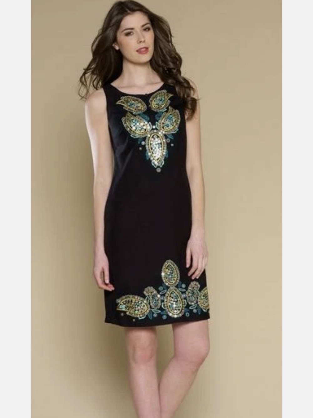 Monsoon Black Midi Dress with Gold and Turquoise Embellishment